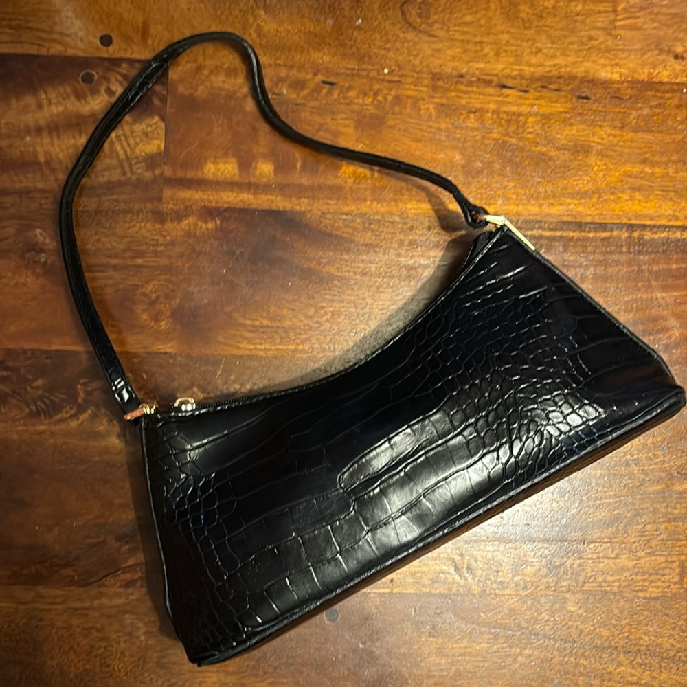 Black croc baguette shoulder bag